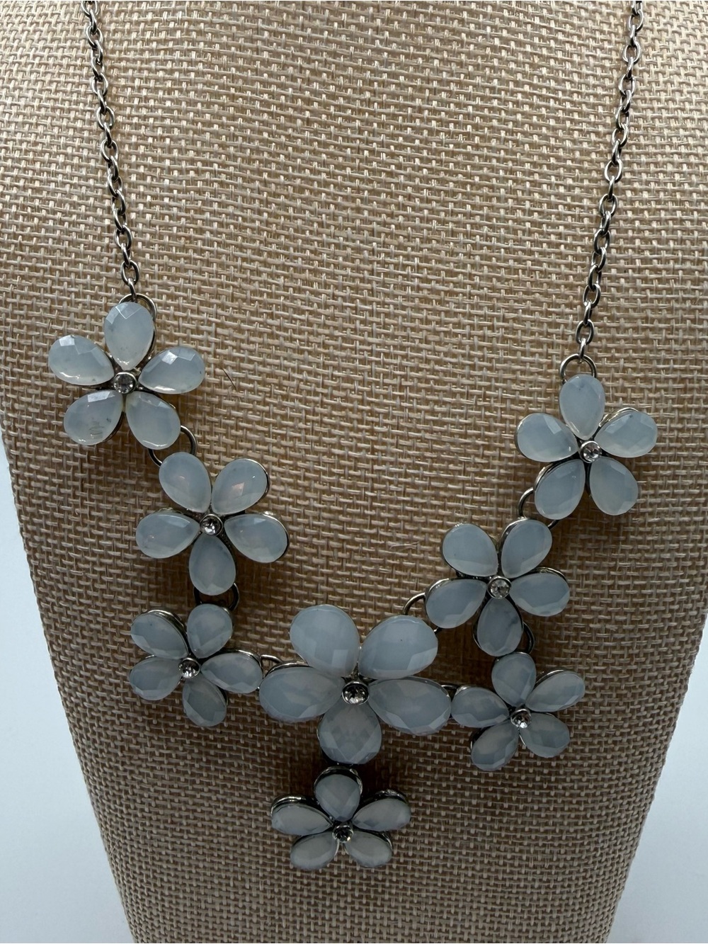 Floral Statement Necklace Milky White Faceted Stones Silver Tone 18”